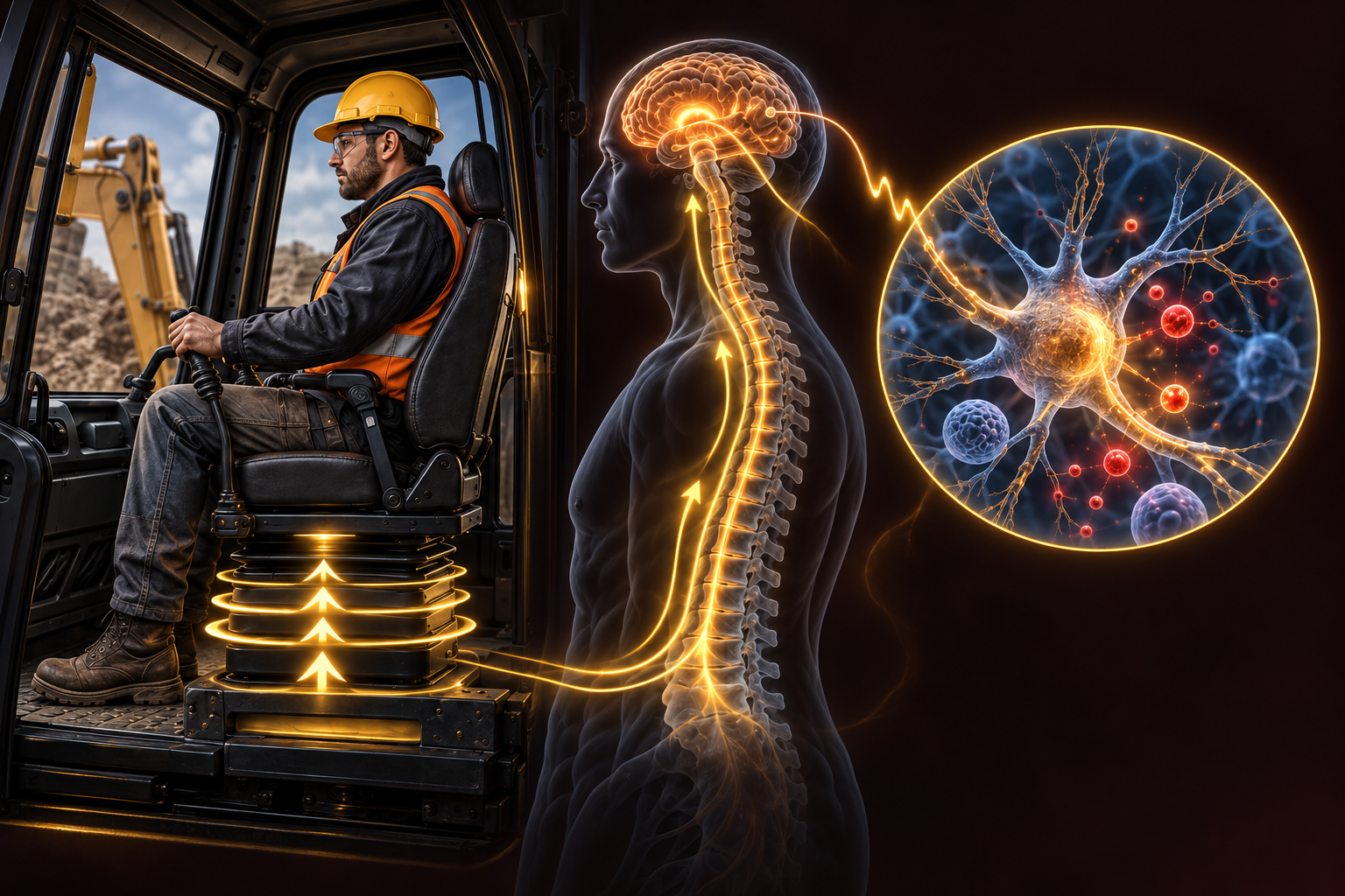 Scientific illustration of a seated machine operator, an illuminated spinal transmission pathway and a magnified neuron. The illustration represents a hypothesis, not measured tissue injury.