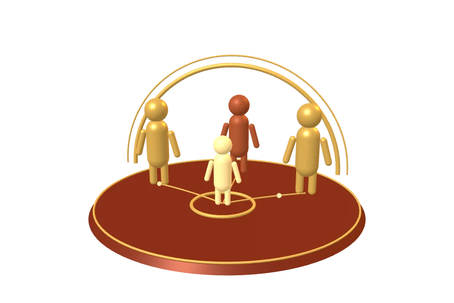 A child surrounded by a protective circle of family and community support.