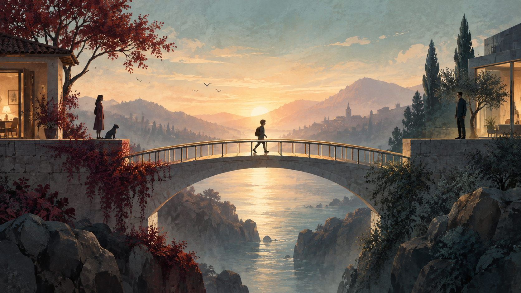 Symbolic bridge between two fictional family environments.