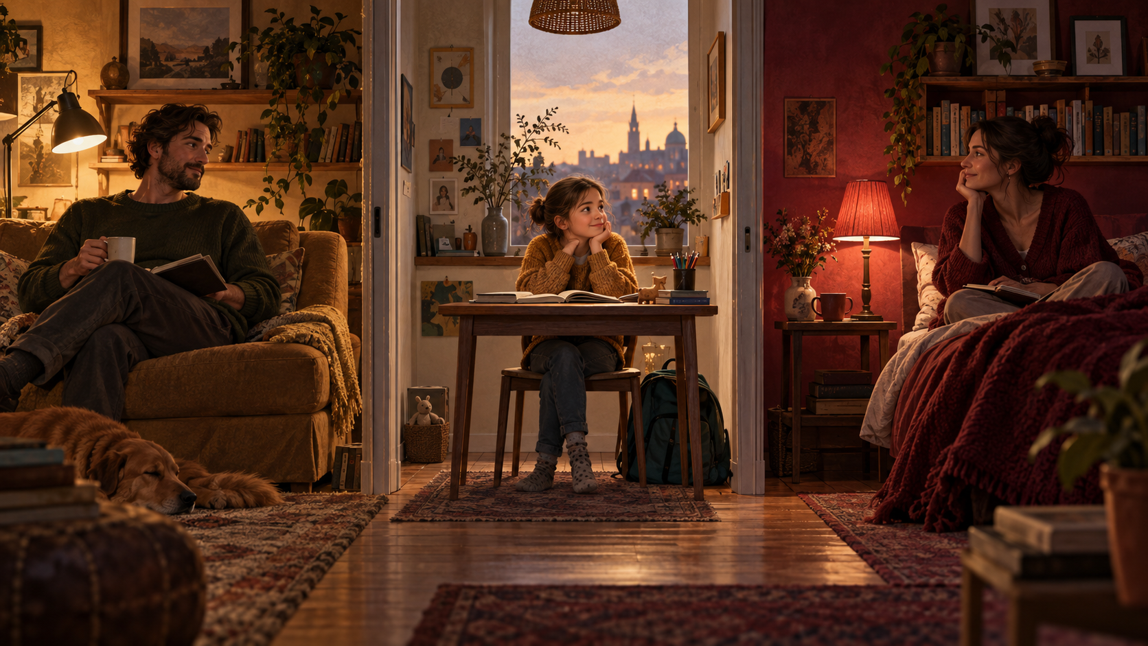 Editorial illustration of a fictional separated family with a child in the shared central space.